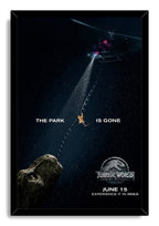 Framed Jurassic World Fallen Kingdom poster displays a rainy helicopter rescue scene above a looming T-Rex.