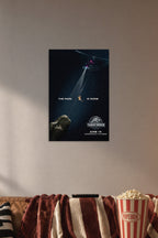 Jurassic World Fallen Kingdom Movie Poster in a cozy movie room above a brown sofa with popcorn.