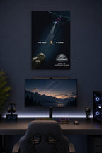 Jurassic World Fallen Kingdom Movie Poster in a gaming desk setup above a monitor.