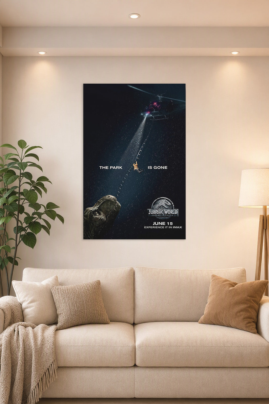 Jurassic World Fallen Kingdom Movie Poster in a bright living room above a beige sofa.
