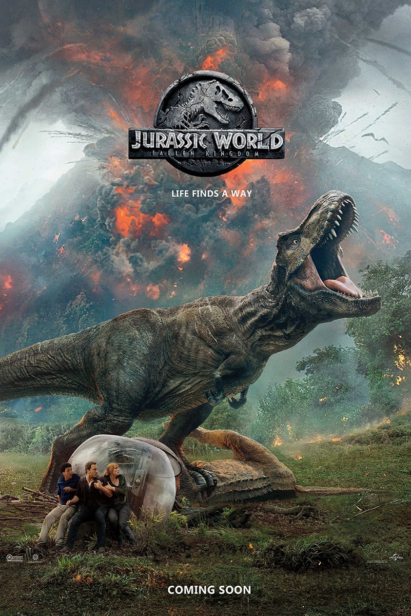 Jurassic World Fallen Kingdom wall art print depicts a T-Rex roaring above survivors beside a gyrosphere under an erupting volcano.