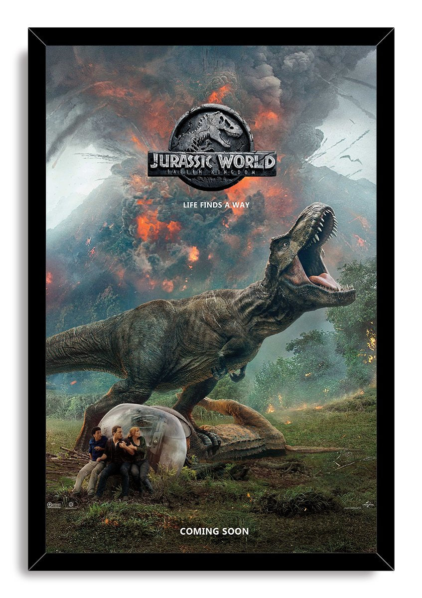 Jurassic World Fallen Kingdom framed wall art print presents a roaring T-Rex, stranded people, and orange fire amid stormy gray clouds.