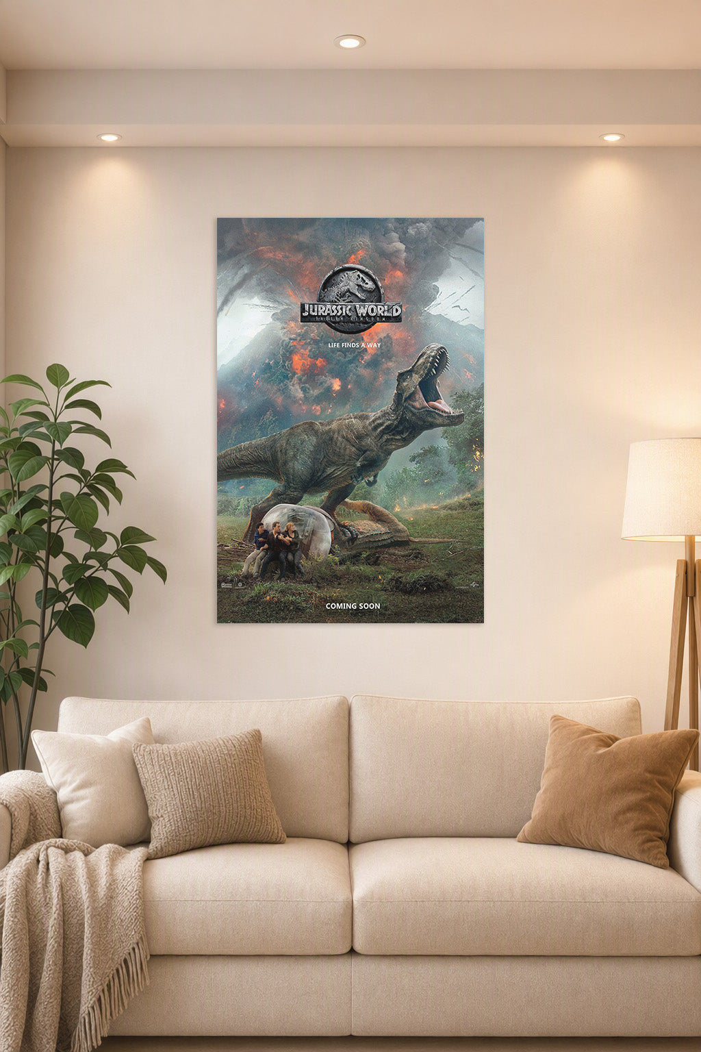 Jurassic World Fallen Kingdom T-Rex in a bright living room above a beige sofa.