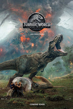 Jurassic World Fallen Kingdom poster features a roaring T-Rex, three people in a gyrosphere, and fiery volcanic clouds.
