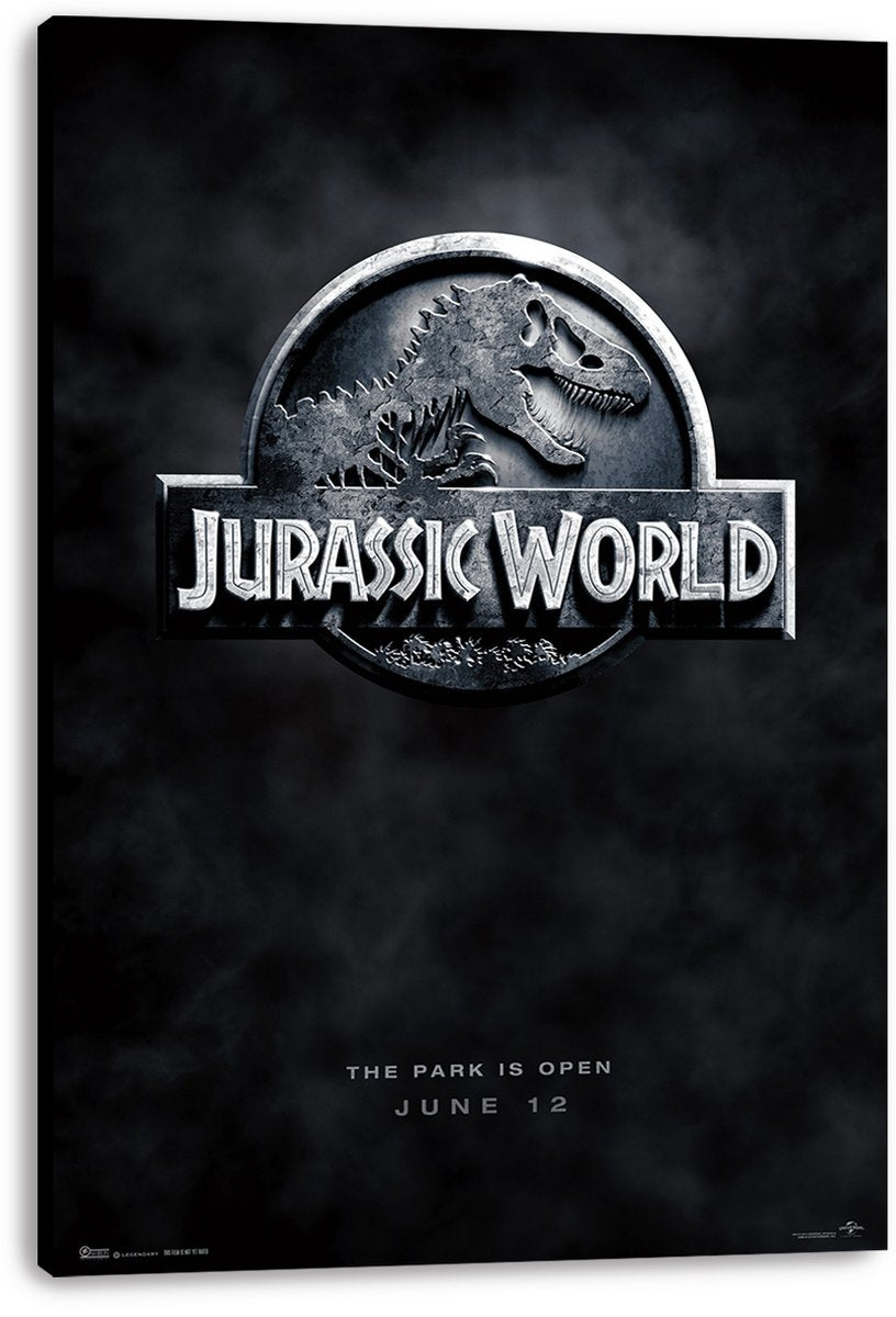 Jurassic World canvas wall art print featuring a raised-looking silver T-Rex skeleton logo on a dark, smoky backdrop.