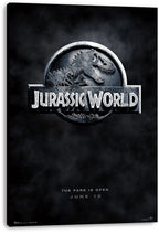Jurassic World canvas wall art print featuring a raised-looking silver T-Rex skeleton logo on a dark, smoky backdrop.