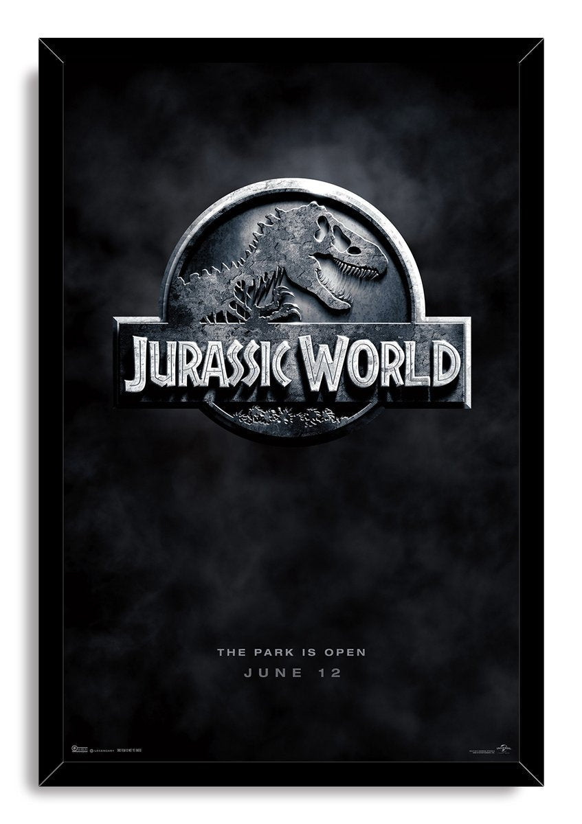 Jurassic World framed wall art print with a silver dinosaur skeleton emblem, bold title, and dark misty background.