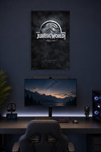 Jurassic World Logo T-Rex in a gaming desk setup above a monitor.