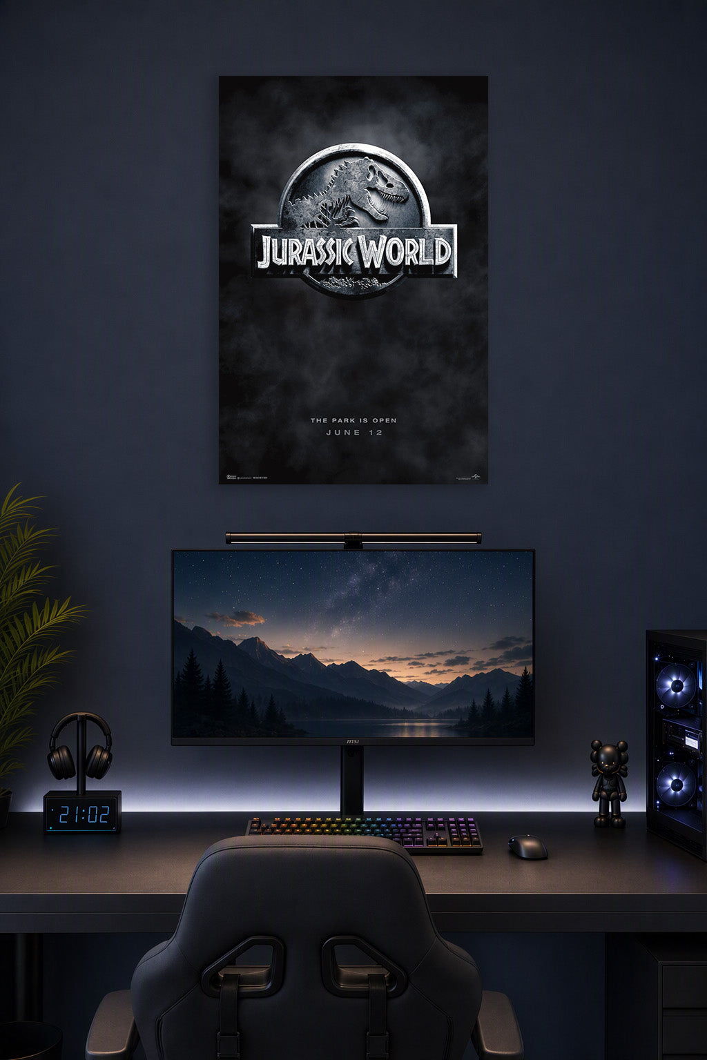 Jurassic World Logo T-Rex in a gaming desk setup above a monitor.
