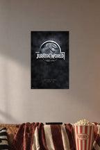 Jurassic World Logo T-Rex in a cozy movie room above a brown sofa with popcorn.