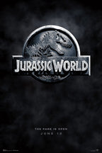 Jurassic World poster with a metallic T-Rex skeleton emblem and silver title against a smoky black background.