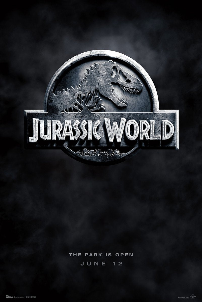 Jurassic World poster with a metallic T-Rex skeleton emblem and silver title against a smoky black background.