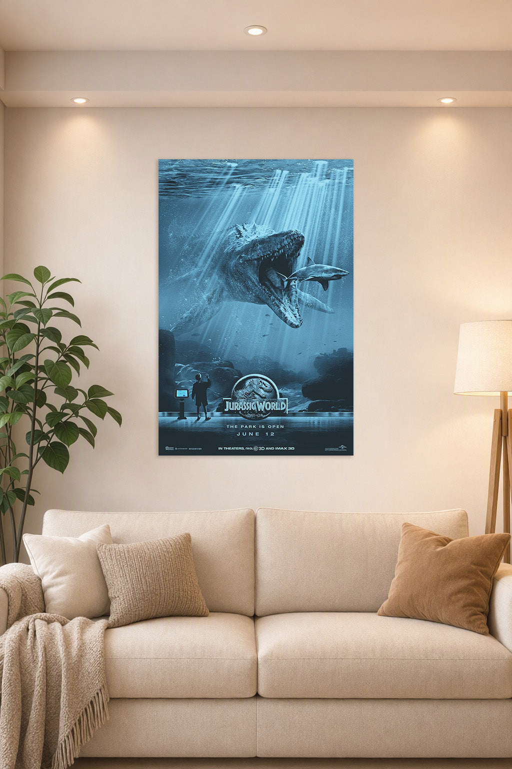 Jurassic World Mosasaurus in a bright living room above a beige sofa.
