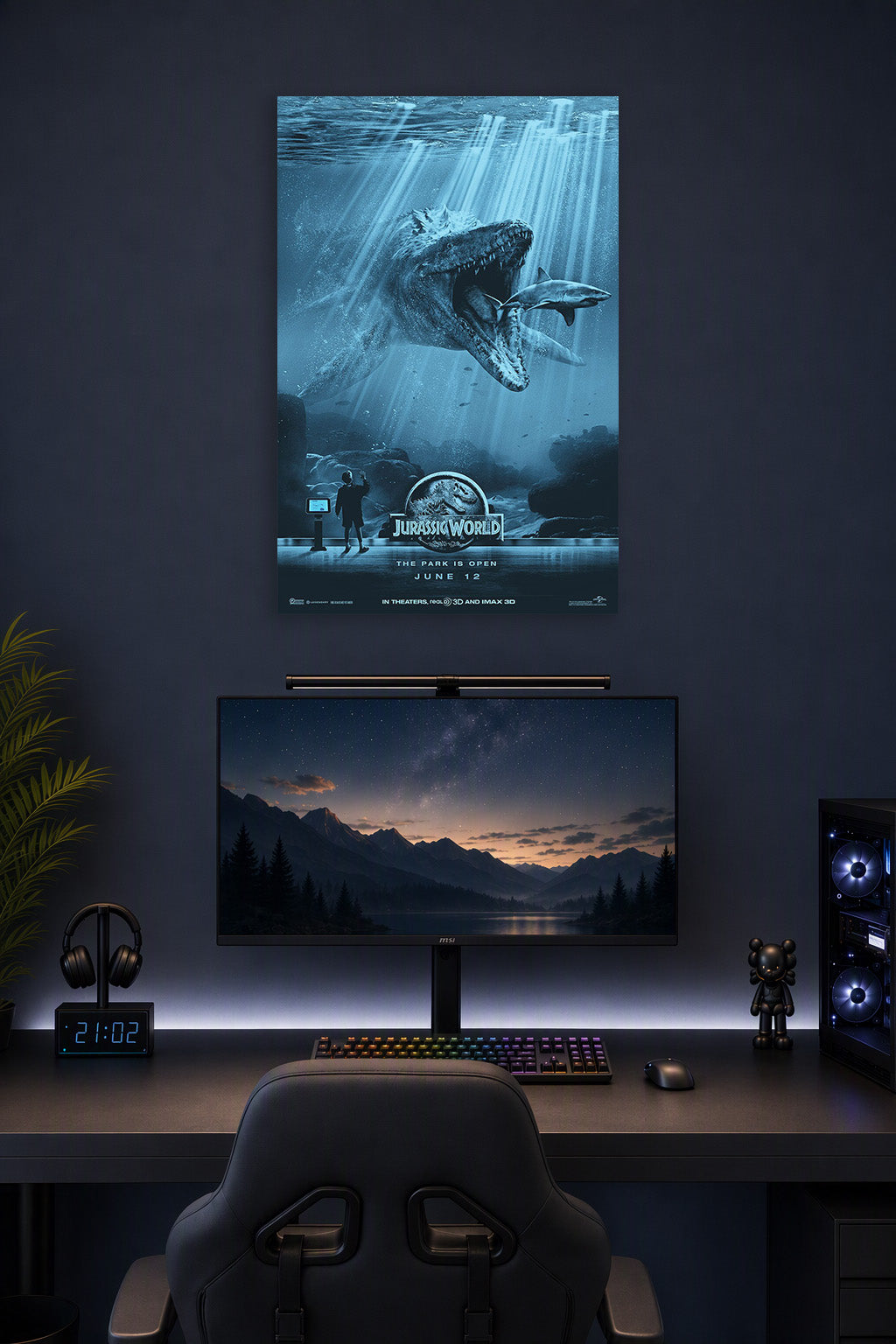 Jurassic World Mosasaurus in a gaming desk setup above a monitor.