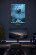 Jurassic World Mosasaurus in a gaming desk setup above a monitor.