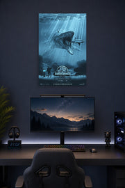 Jurassic World Mosasaurus in a gaming desk setup above a monitor.