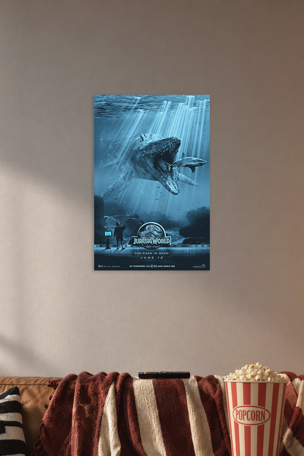 Jurassic World Mosasaurus in a cozy movie room above a brown sofa with popcorn.