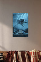 Jurassic World Mosasaurus in a cozy movie room above a brown sofa with popcorn.