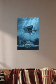 Jurassic World Mosasaurus in a cozy movie room above a brown sofa with popcorn.