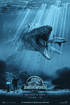 Jurassic World poster features a giant Mosasaurus lunging toward a shark underwater as a child watches from a gallery.