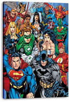Justice League canvas wall art print with wrapped edges, depicting Batman and Superman leading a vibrant superhero ensemble.