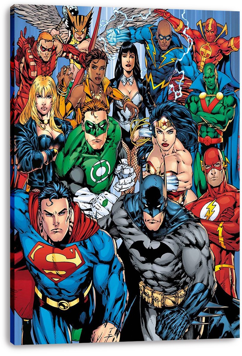 Justice League canvas wall art print with wrapped edges, depicting Batman and Superman leading a vibrant superhero ensemble.