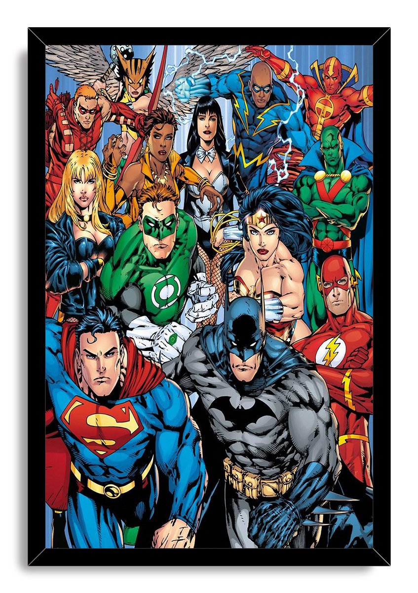 Framed Justice League wall art print in a black border, featuring Batman, Superman, Wonder Woman, Flash and Green Lantern.