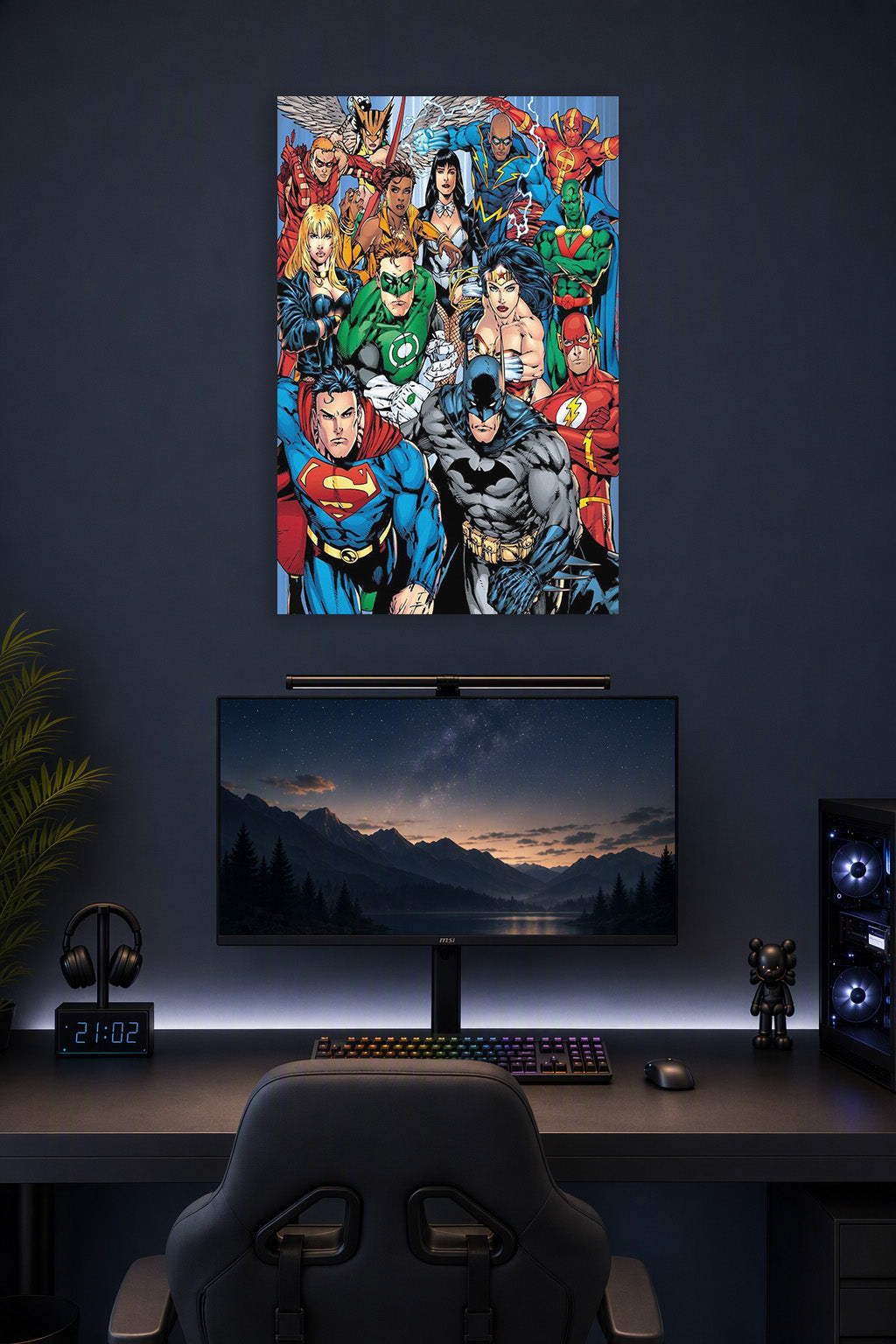 Justice League Superheroes Team in a gaming desk setup above a monitor.