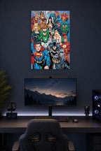 Justice League Superheroes Team in a gaming desk setup above a monitor.