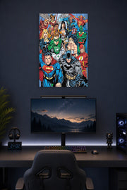 Justice League Superheroes Team in a gaming desk setup above a monitor.