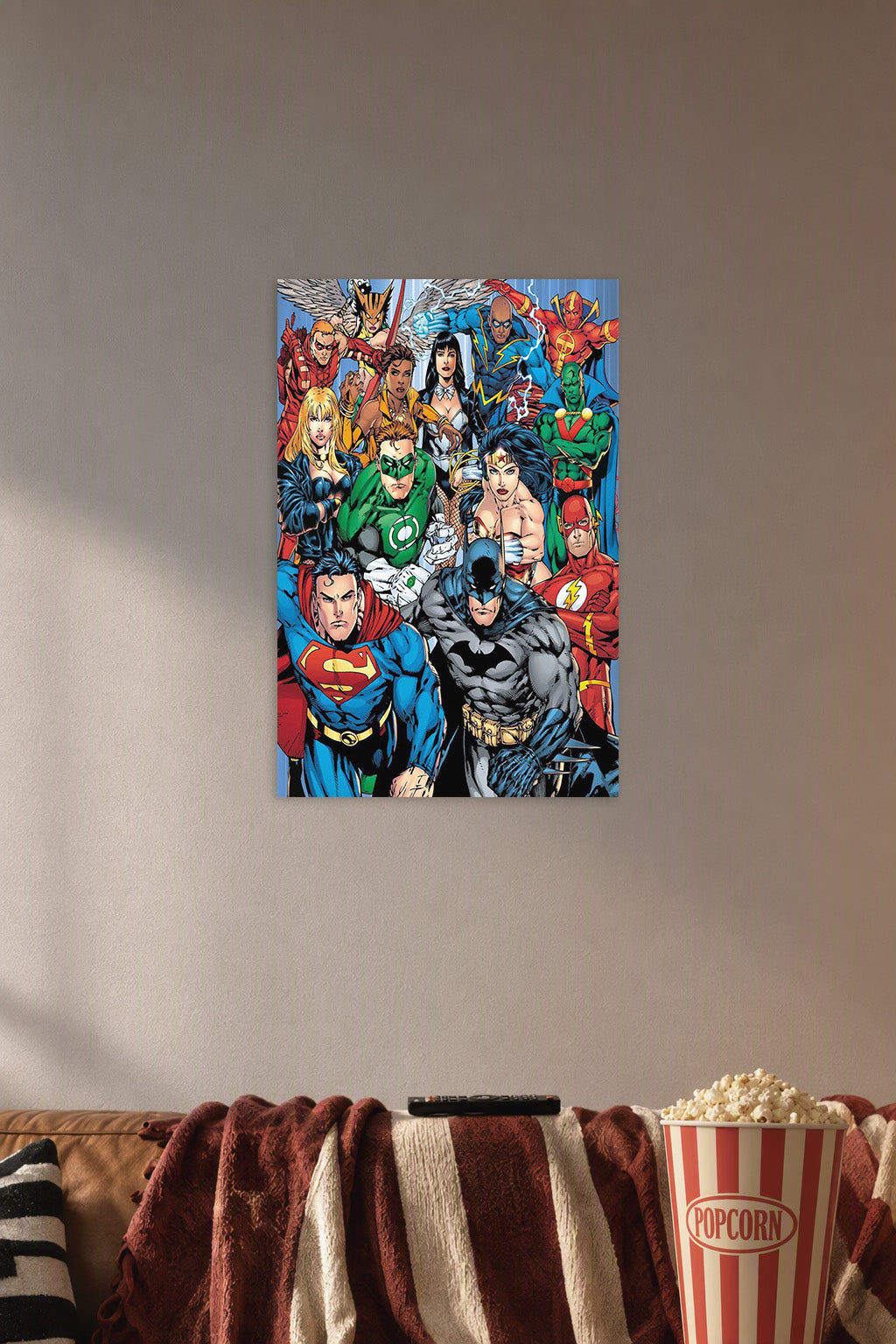 Justice League Superheroes Team in a cozy movie room above a brown sofa with popcorn.
