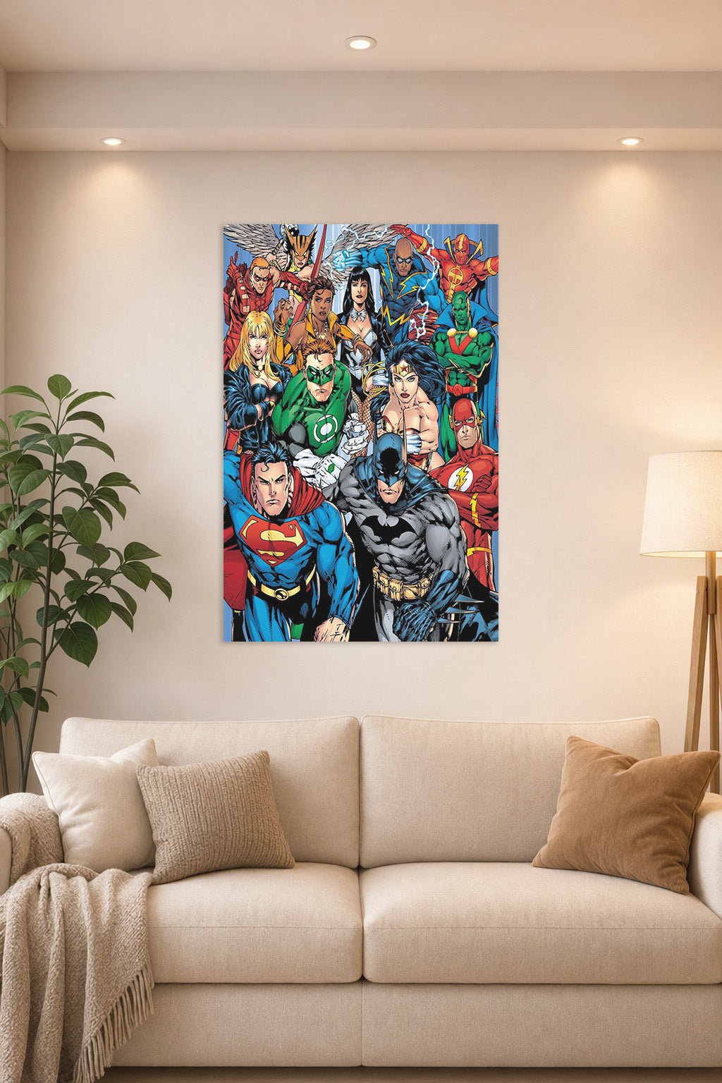 Justice League Superheroes Team in a bright living room above a beige sofa.