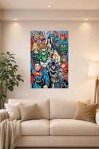 Justice League Superheroes Team in a bright living room above a beige sofa.