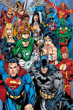 Justice League wall art print featuring Batman, Superman, Wonder Woman, Flash, Green Lantern and heroes in vivid comic colors.