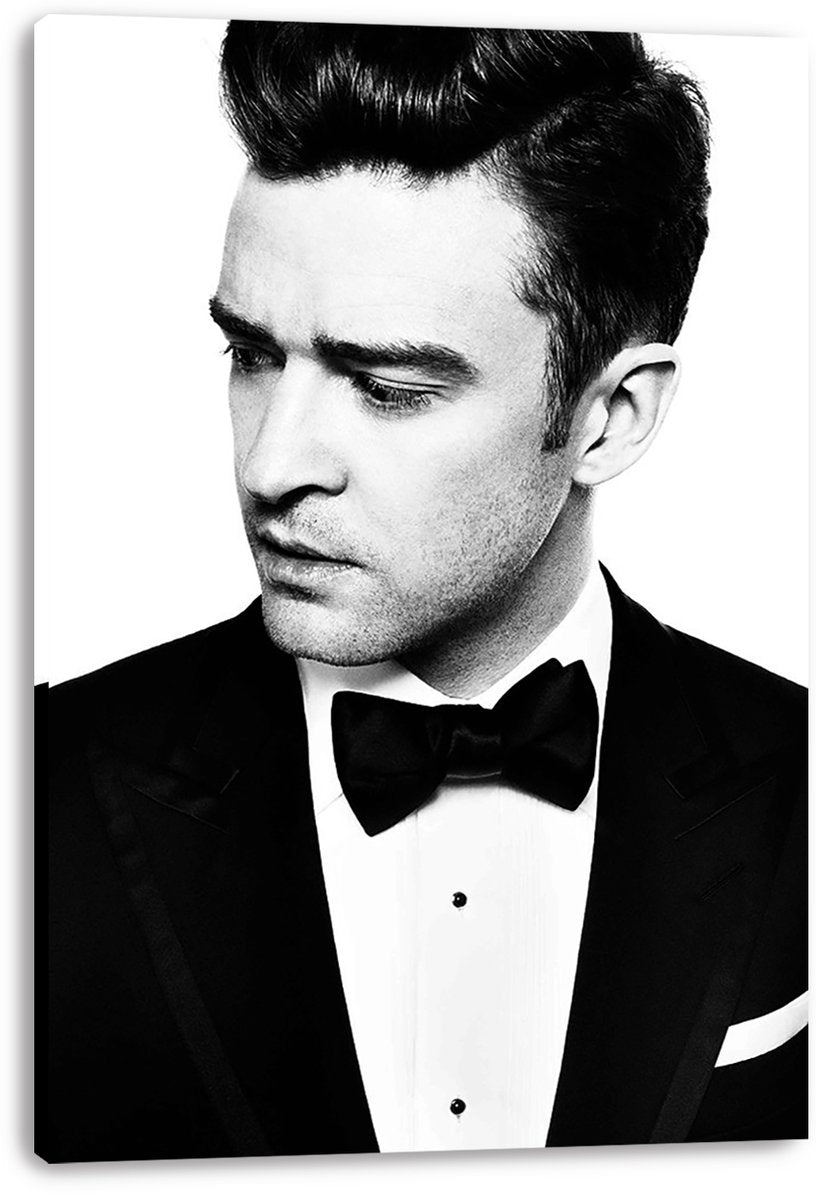 Justin Timberlake canvas wall art presents a monochrome tuxedo portrait with a bow tie on a white background.
