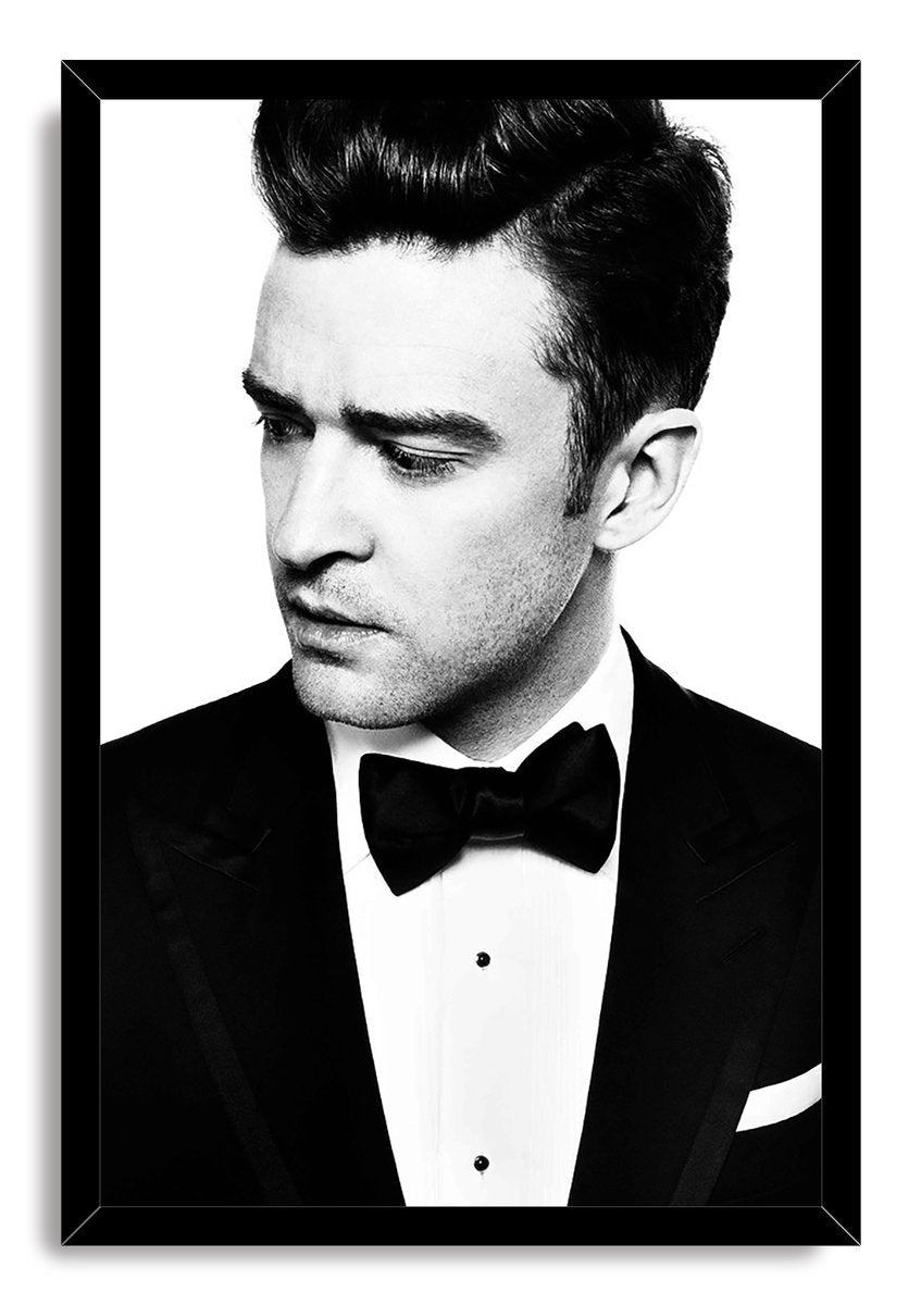 Justin Timberlake framed wall art print displays a black-and-white formal portrait in a sleek black frame.