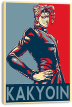 Kakyoin canvas wall art print presents the stylized uniformed character in red, navy, cream, and blue with bold name lettering below.