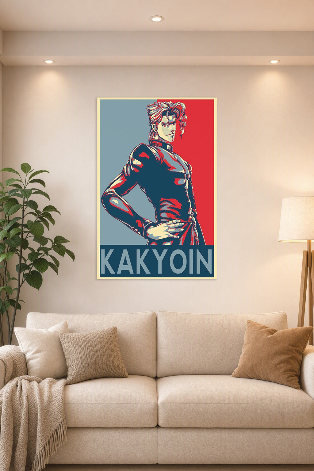 Kakyoin Jojo's Bizarre Adventure in a bright living room above a beige sofa.