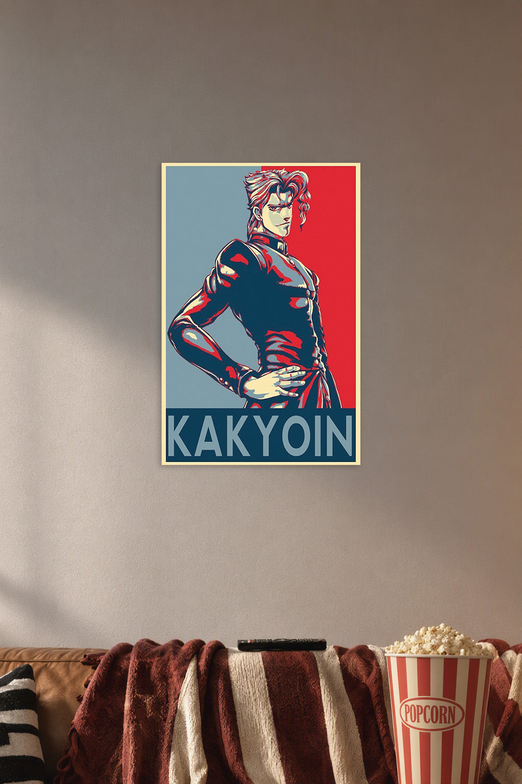 Kakyoin Jojo's Bizarre Adventure in a cozy movie room above a brown sofa with popcorn.