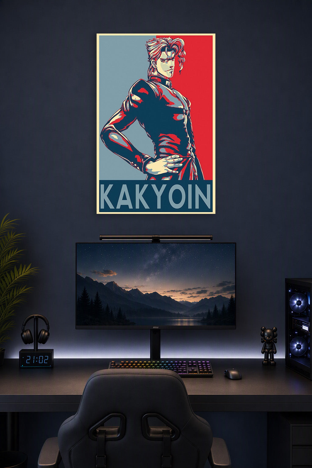 Kakyoin Jojo's Bizarre Adventure in a gaming desk setup above a monitor.