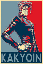 Kakyoin poster features a stylized male character in a dark uniform, posed with one hand on his hip against red and blue fields.