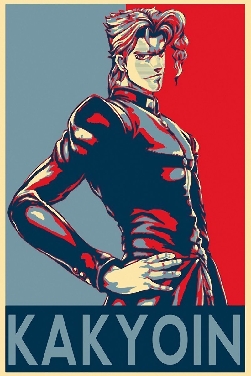 Kakyoin poster features a stylized male character in a dark uniform, posed with one hand on his hip against red and blue fields.