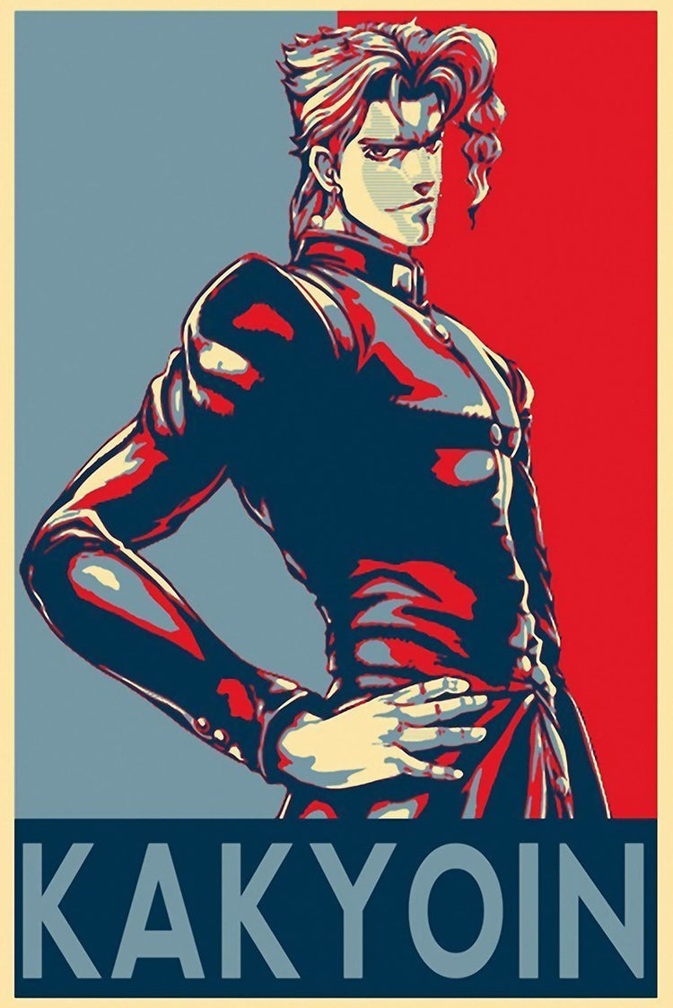 Kakyoin poster features a stylized male character in a dark uniform, posed with one hand on his hip against red and blue fields.
