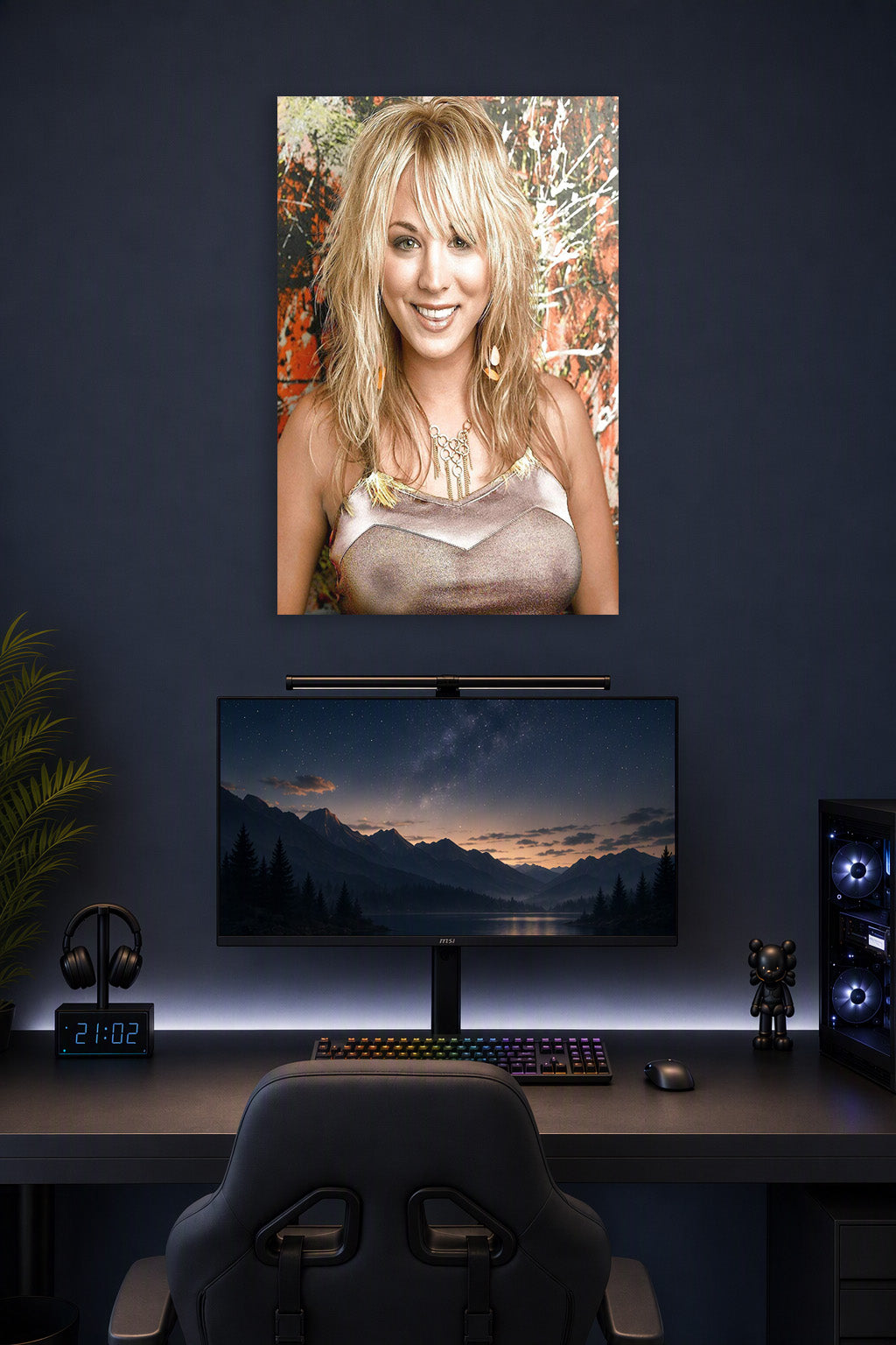 Kaley Cuoco in a gaming desk setup above a monitor.