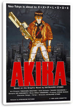 Akira wall art print on a white-edged canvas features Kaneda with a futuristic weapon over the dark industrial Neo-Tokyo cityscape.