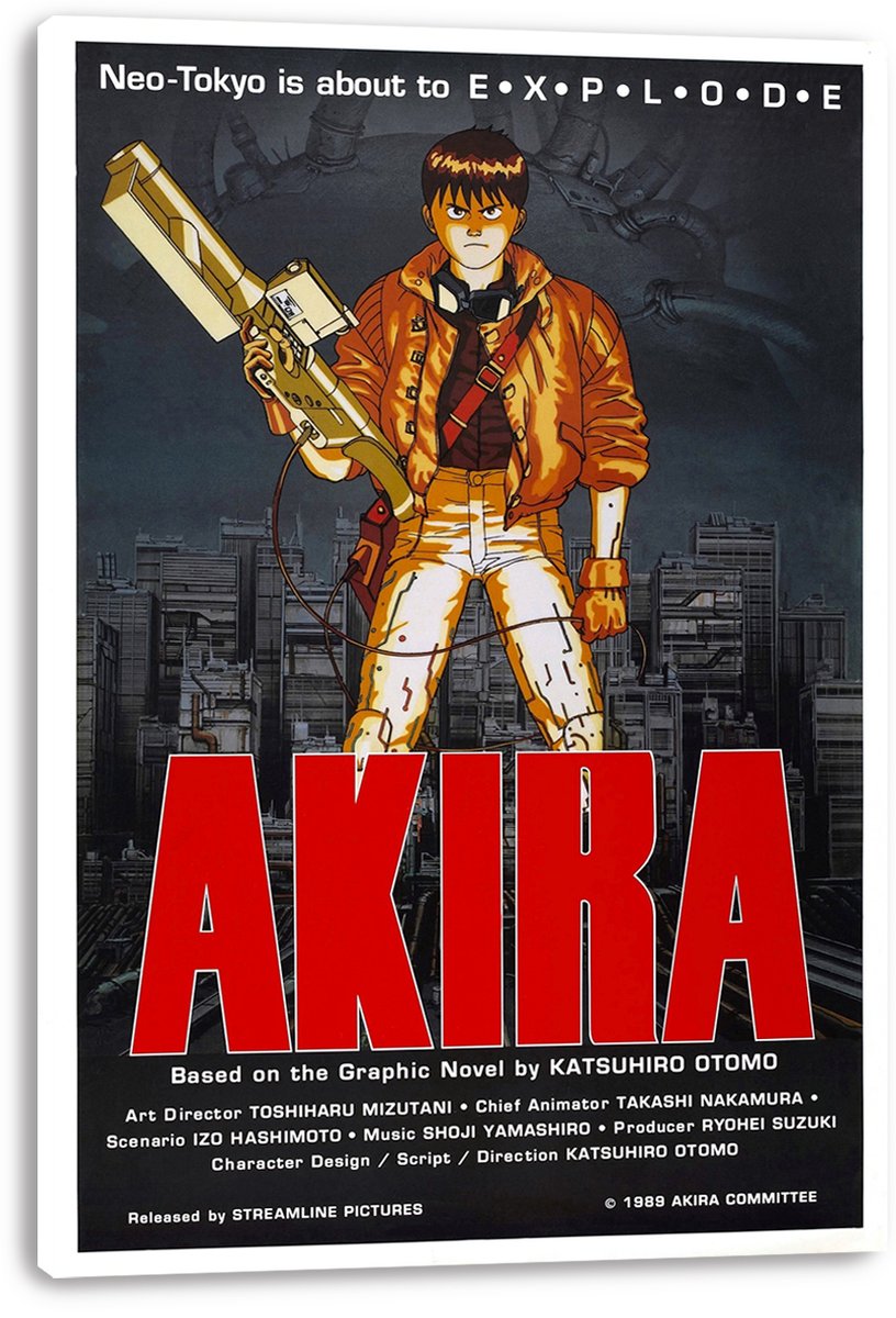 Akira wall art print on a white-edged canvas features Kaneda with a futuristic weapon over the dark industrial Neo-Tokyo cityscape.