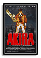 Akira framed wall art print presents Kaneda in orange holding a rifle, with Neo-Tokyo behind him and bold red AKIRA lettering.