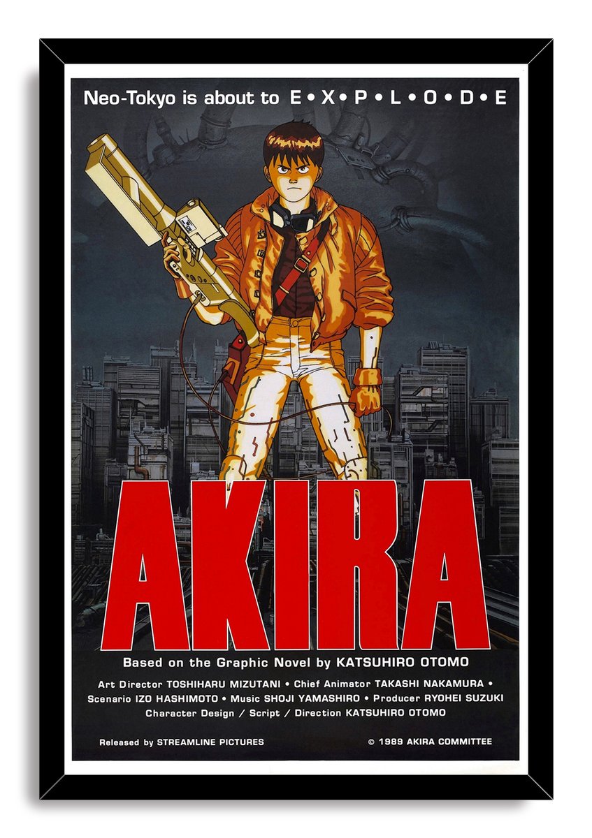 Akira framed wall art print presents Kaneda in orange holding a rifle, with Neo-Tokyo behind him and bold red AKIRA lettering.