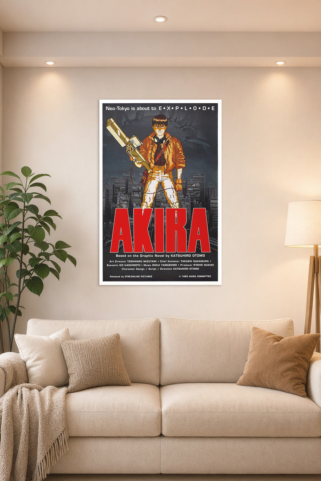 Kaneda Akira in a bright living room above a beige sofa.