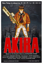 Akira poster features Kaneda in an orange jacket holding a futuristic rifle before a dark Neo-Tokyo skyline and red title text.